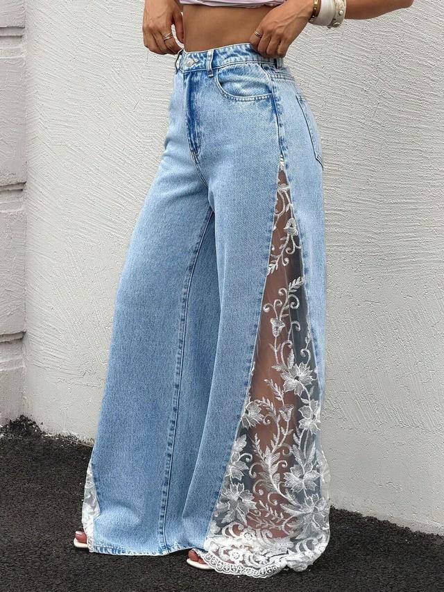 light wash denim straight leg pants with lace patchwork