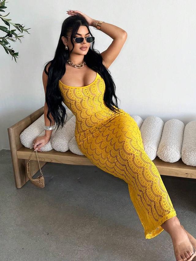 mustard yellow crochet hollow out bodycon midi dress