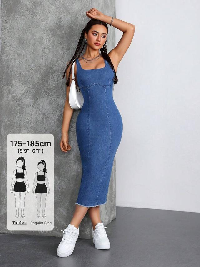 blue denim midi dress with princess seams