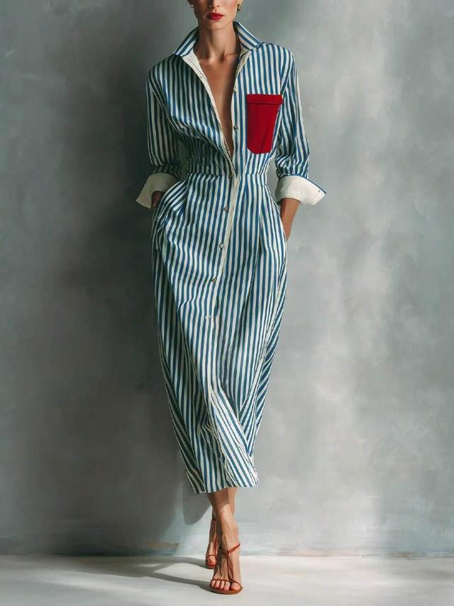 striped cotton shirt dress with contrast pocket
