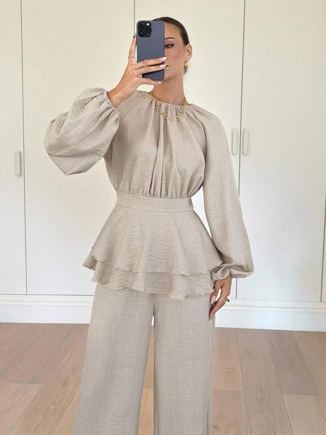 beige linen lantern sleeve peplum blouse