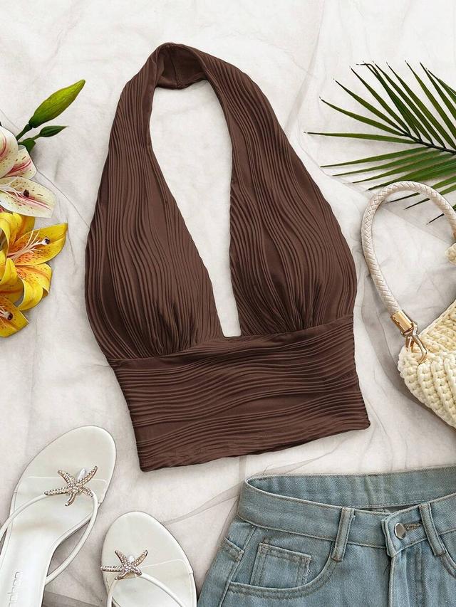 soleia women's solid color textured deep v-neck halter tank top