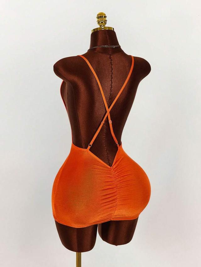 orange ruched backless bodycon mini dress