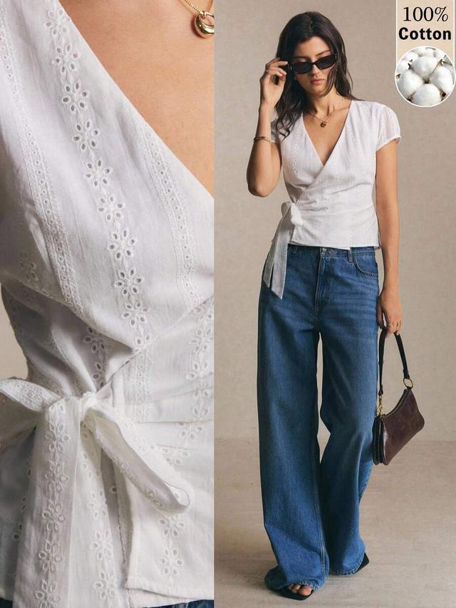 poéselle women's cotton v-neck embroidered wrap blouse