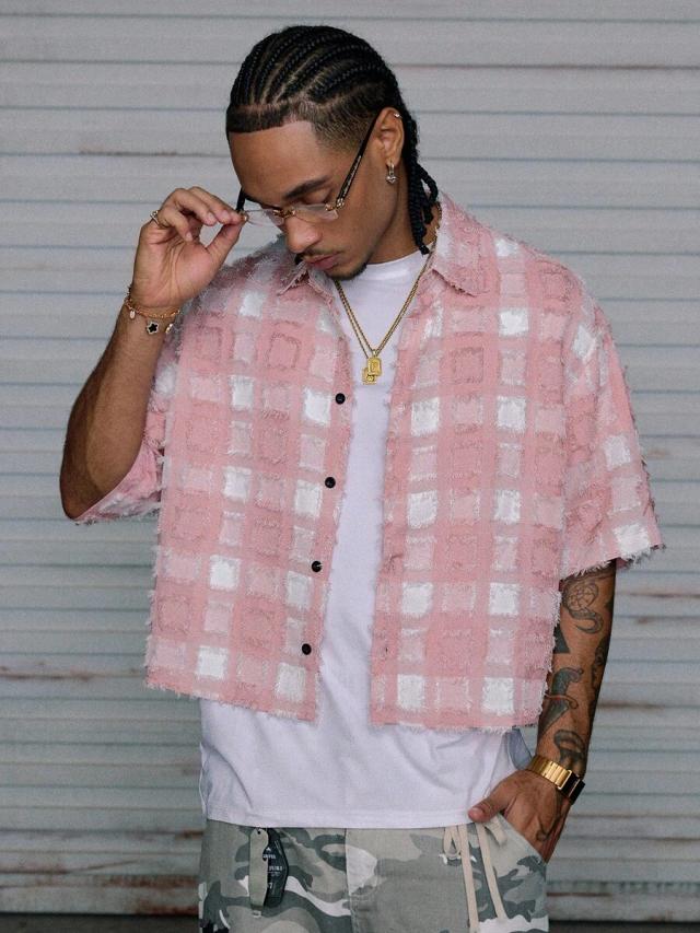 pink and white plaid woven short sleeve shirt