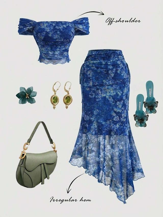 blue floral mesh off-shoulder two piece set