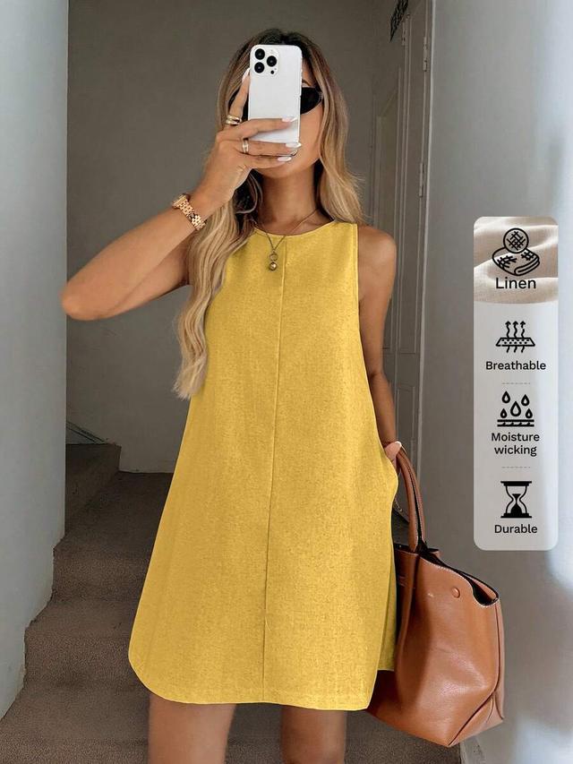 casual yellow linen sleeveless a-line dress