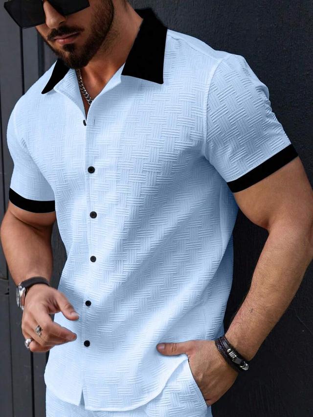 light blue textured colorblock short sleeve shirt