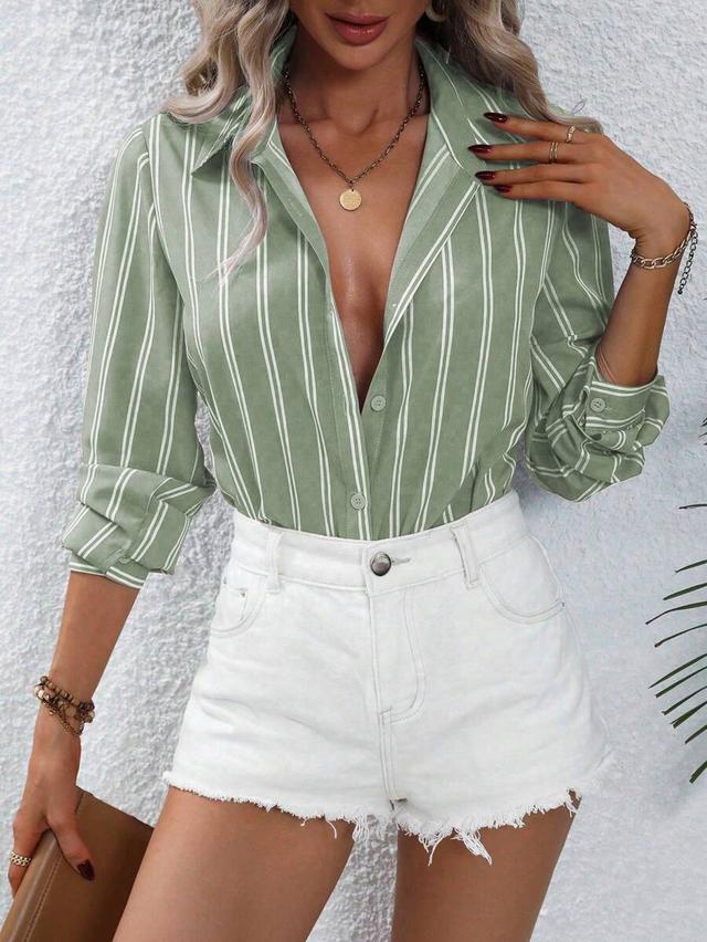 sage green vertical striped long sleeve button down shirt