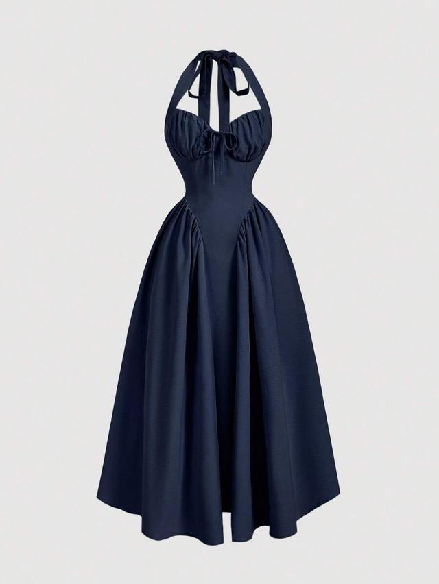 navy blue halter neck ruched swing dress