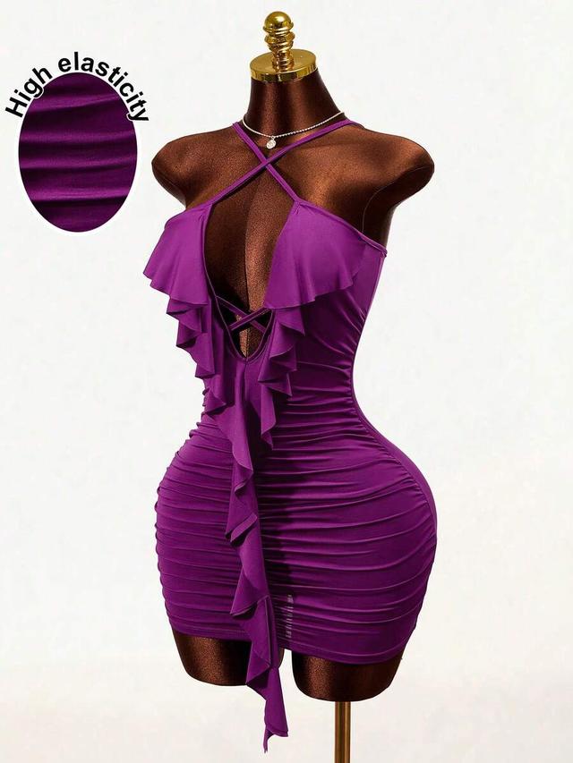 deep purple pleated halter neck bodycon mini dress