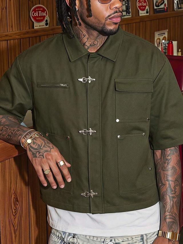 olive green utility shirt with metal toggle closures