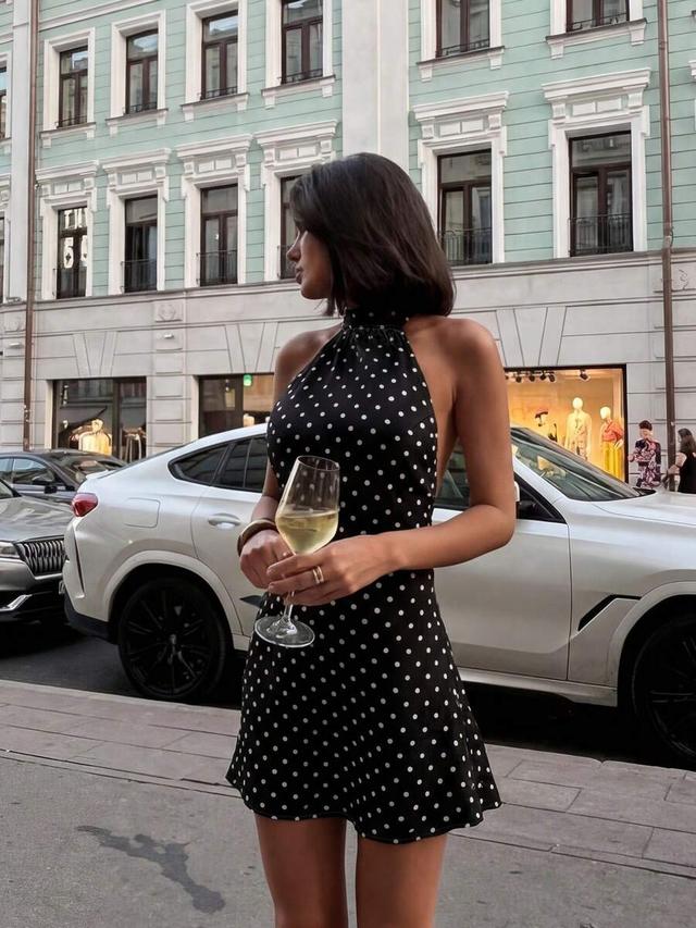 women's polka dot woven halter neck backless dress
