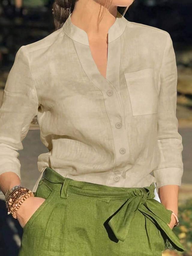 women's solid v neck linen button down shirt