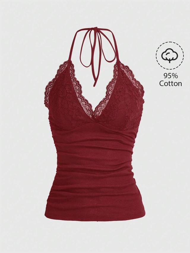 burgundy lace trim ruched halter top