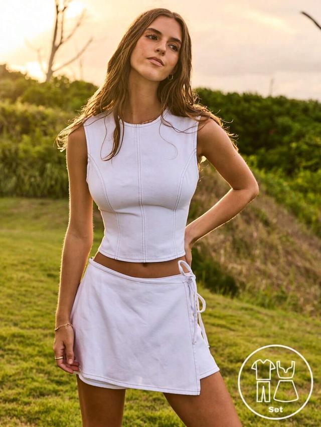 white denim high neck backless tie detail set