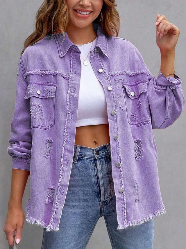 distressed purple denim button-up jacket