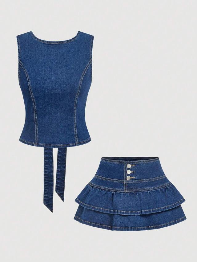 vintage y2k navy blue washed denim coord set