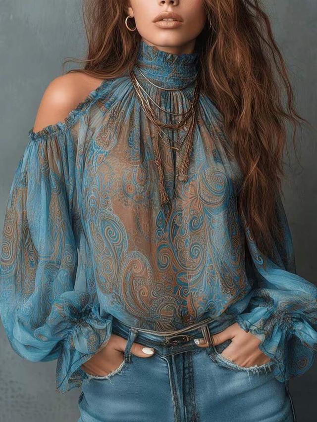 women's bohemian paisley print cold shoulder ruffle blouse