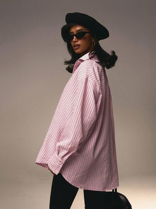 oversized pink striped seersucker button down shirt