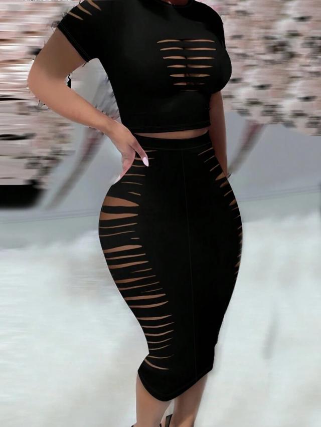 women's black hollow out drawstring top and skirt set