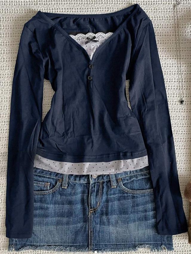 navy polka dot chiffon patchwork long sleeve top