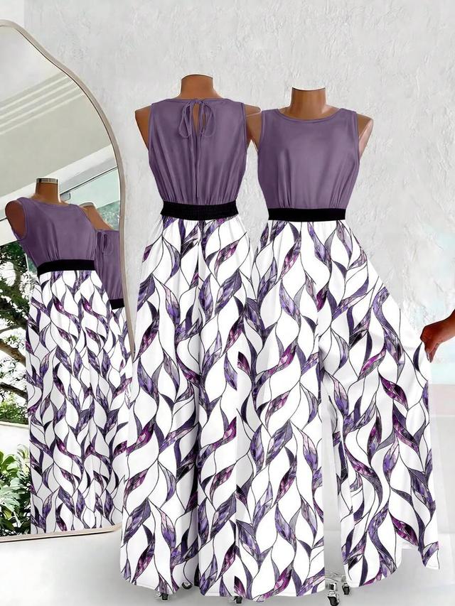 purple sleeveless jumpsuit with leaf print wide legs