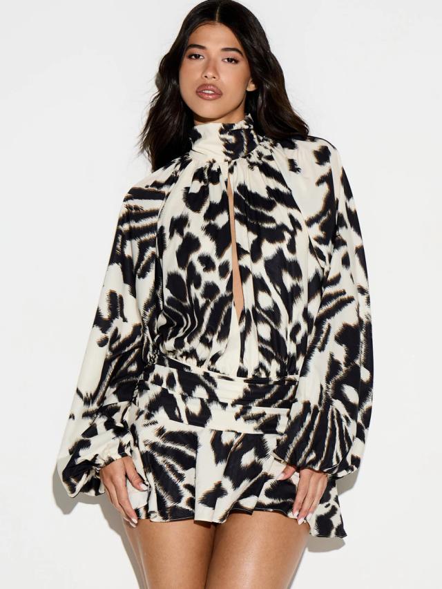 animal print high neck plunge mini dress