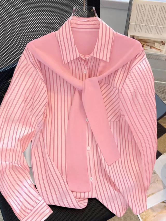 pink striped patchwork cotton shirt with shawl detail