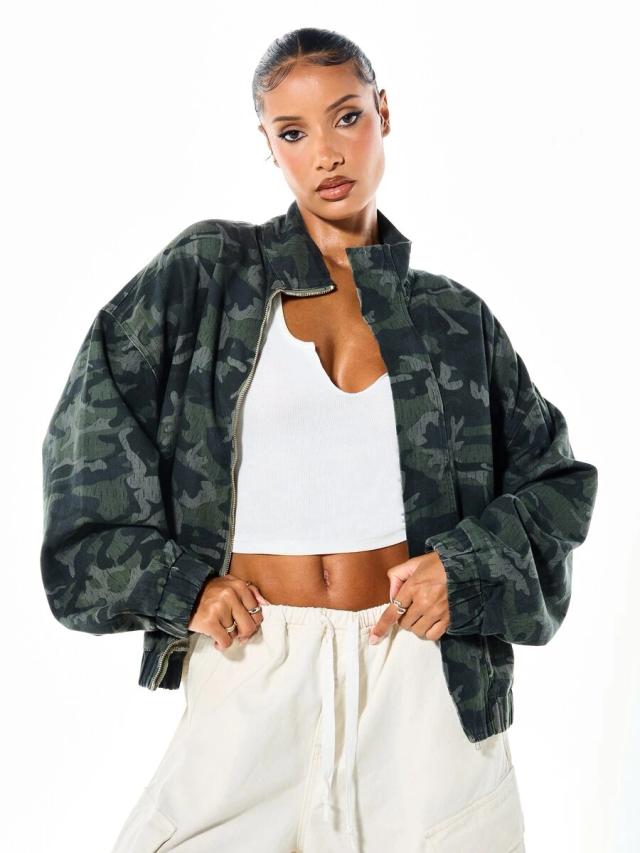 oversized camouflage print bomber jacket with stand collar