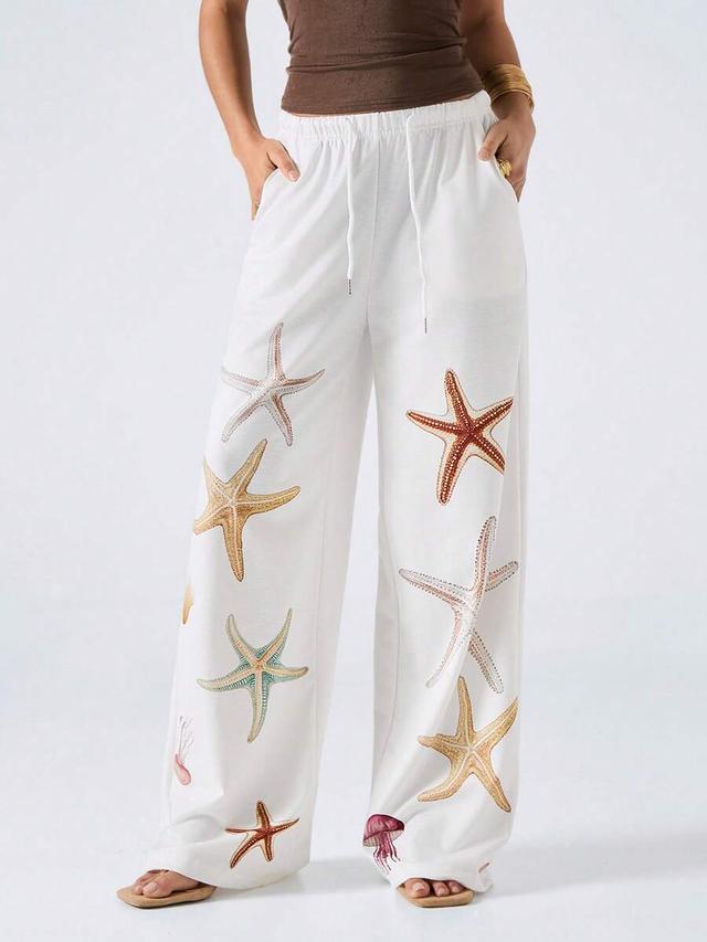 starfish print loose wide leg drawstring sweatpants