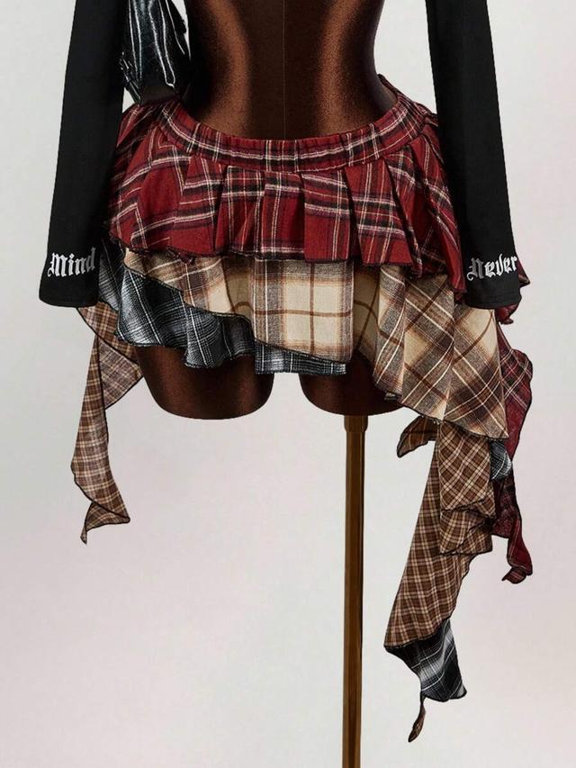 asymmetric ruffled hem mixed plaid mini skirt