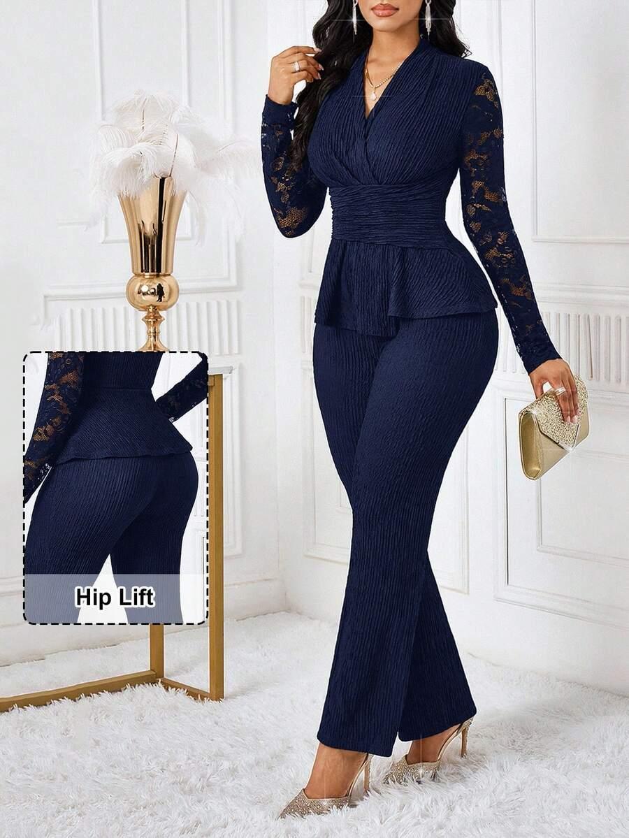 navy blue lace long sleeve peplum top and flare pants set