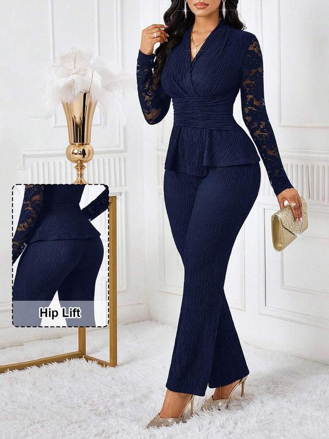 navy blue lace long sleeve peplum top and flare pants set