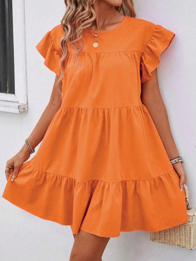 bright orange tiered ruffle sleeve mini dress