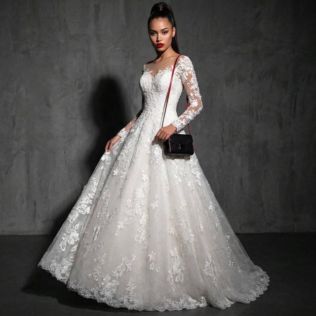 white lace applique long sleeve ballgown wedding dress