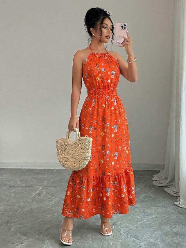 orange floral print elastic strap casual long dress