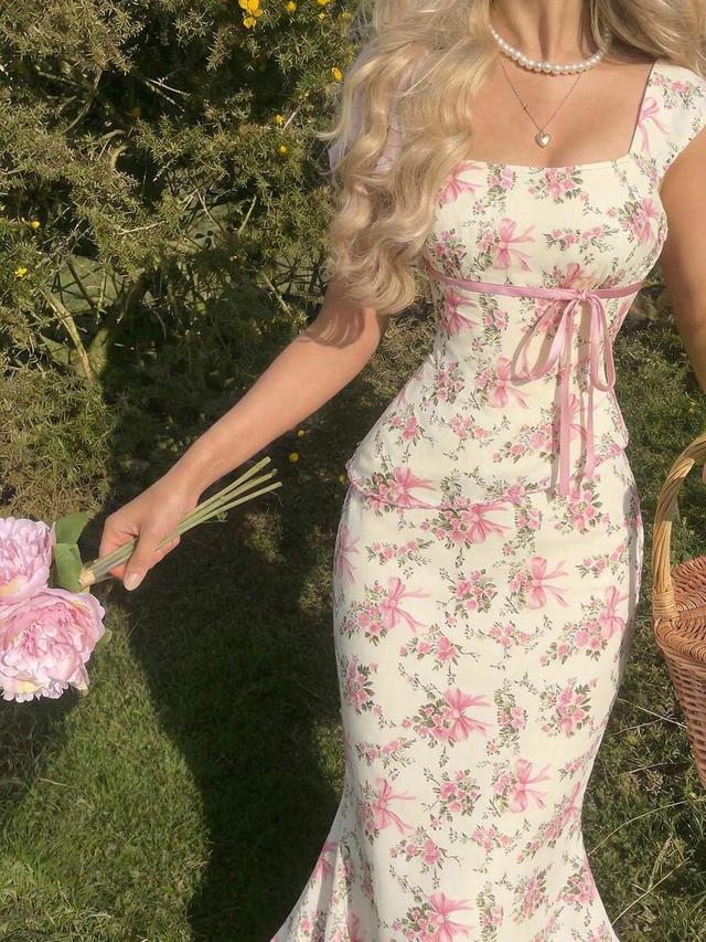 pink floral bow print two piece set