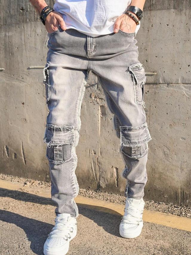 men's grey distressed multi-pocket cargo slim fit jeans