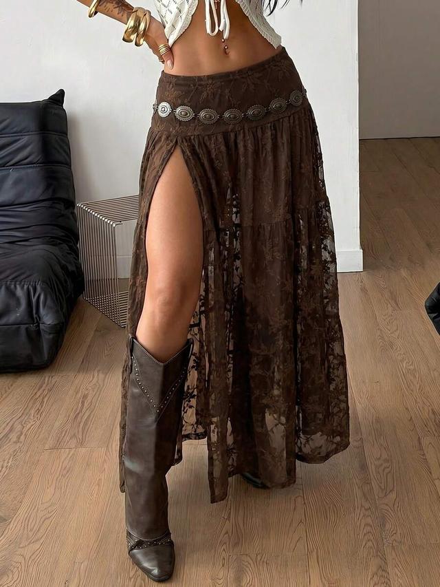 brown lace side slit maxi skirt