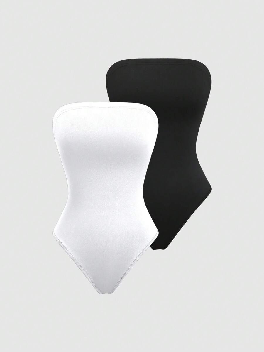 white minimalist strapless sleeveless black and white bodysuit set