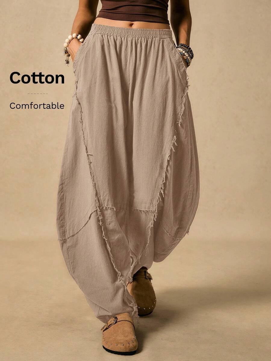 casual camel woven cotton barrel leg pants