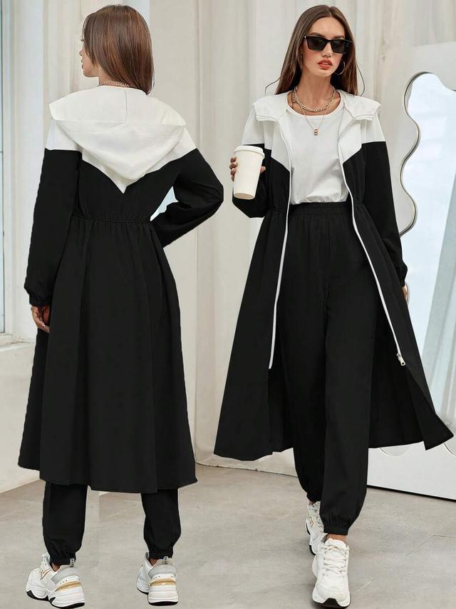 color block hooded long jacket and pants set