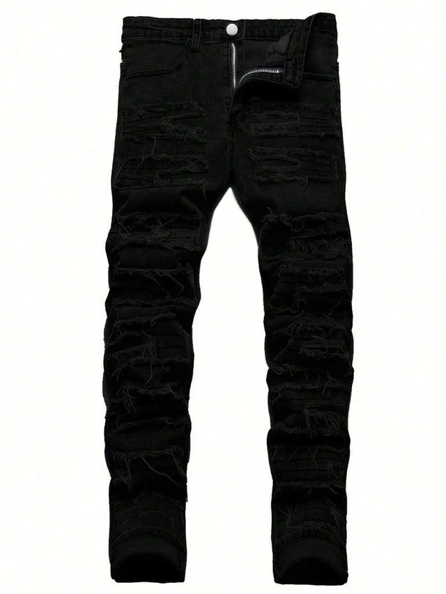 men's fashionable black stretch slim fit fringe jeans