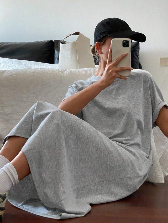 grey casual loose round neck t-shirt midi dress