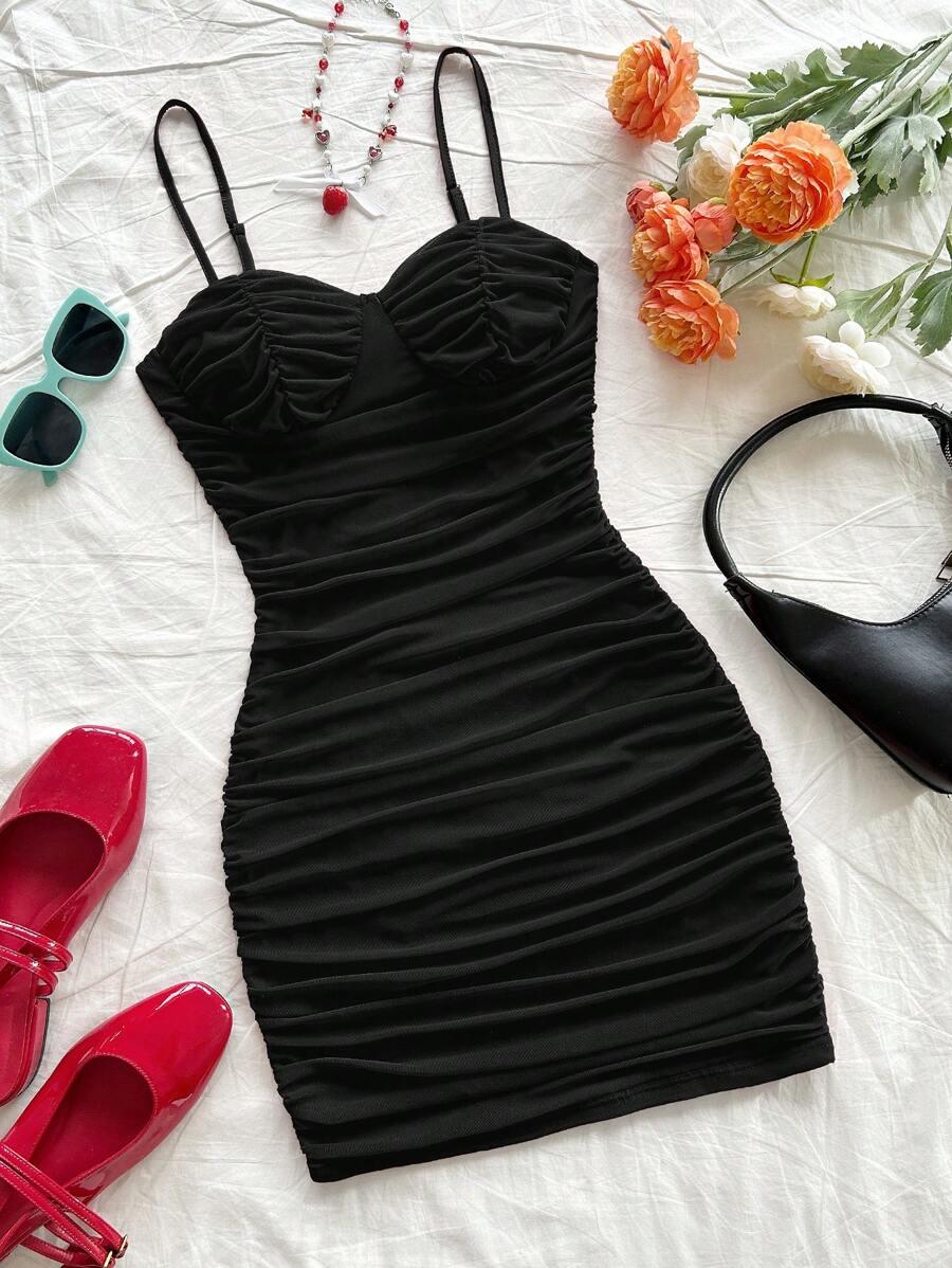 soleia summer mesh ruched black bodycon mini cami dress