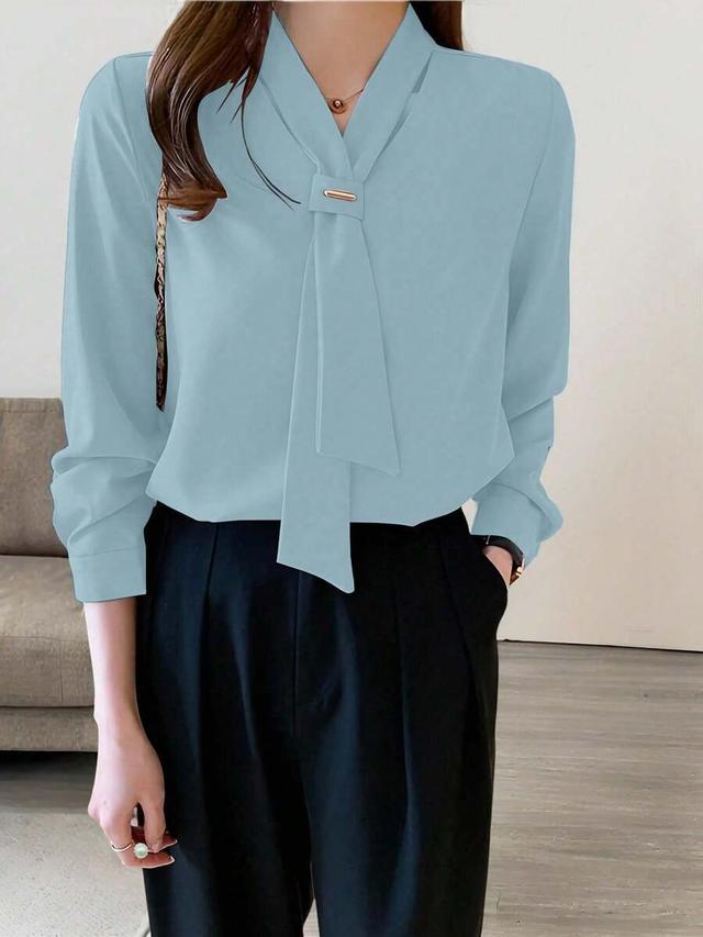 solid light blue bowknot long sleeve elegant blouse
