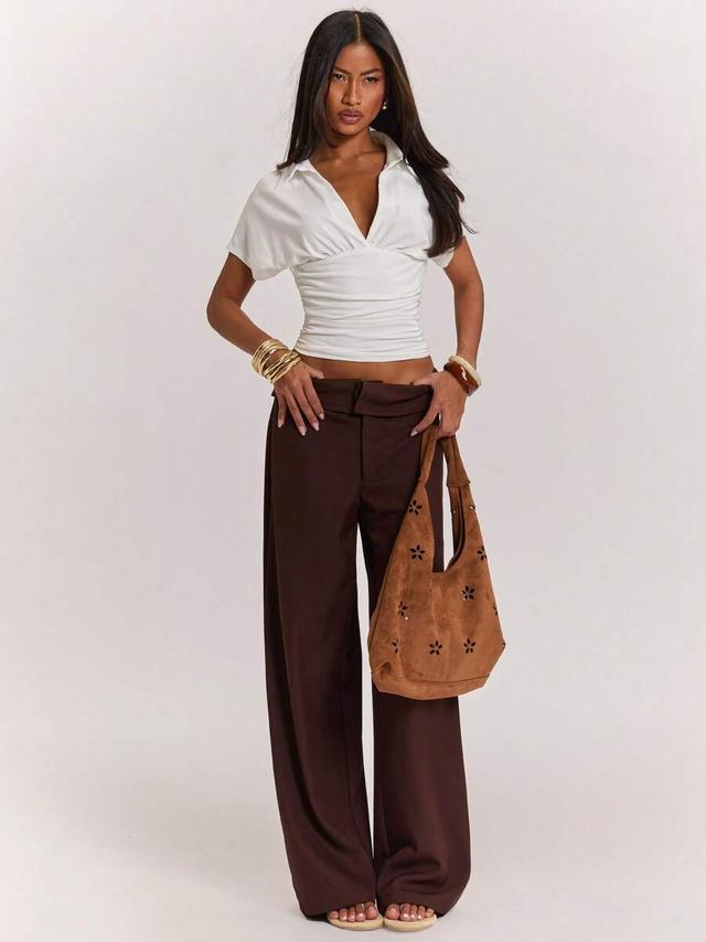 elegant white pleated v-neck ruched crop blouse