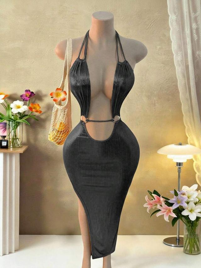 mistrie women's solid color deep v-neck sleeveless minimalist dress