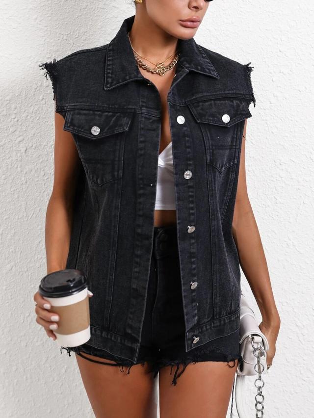 black distressed denim sleeveless vest jacket